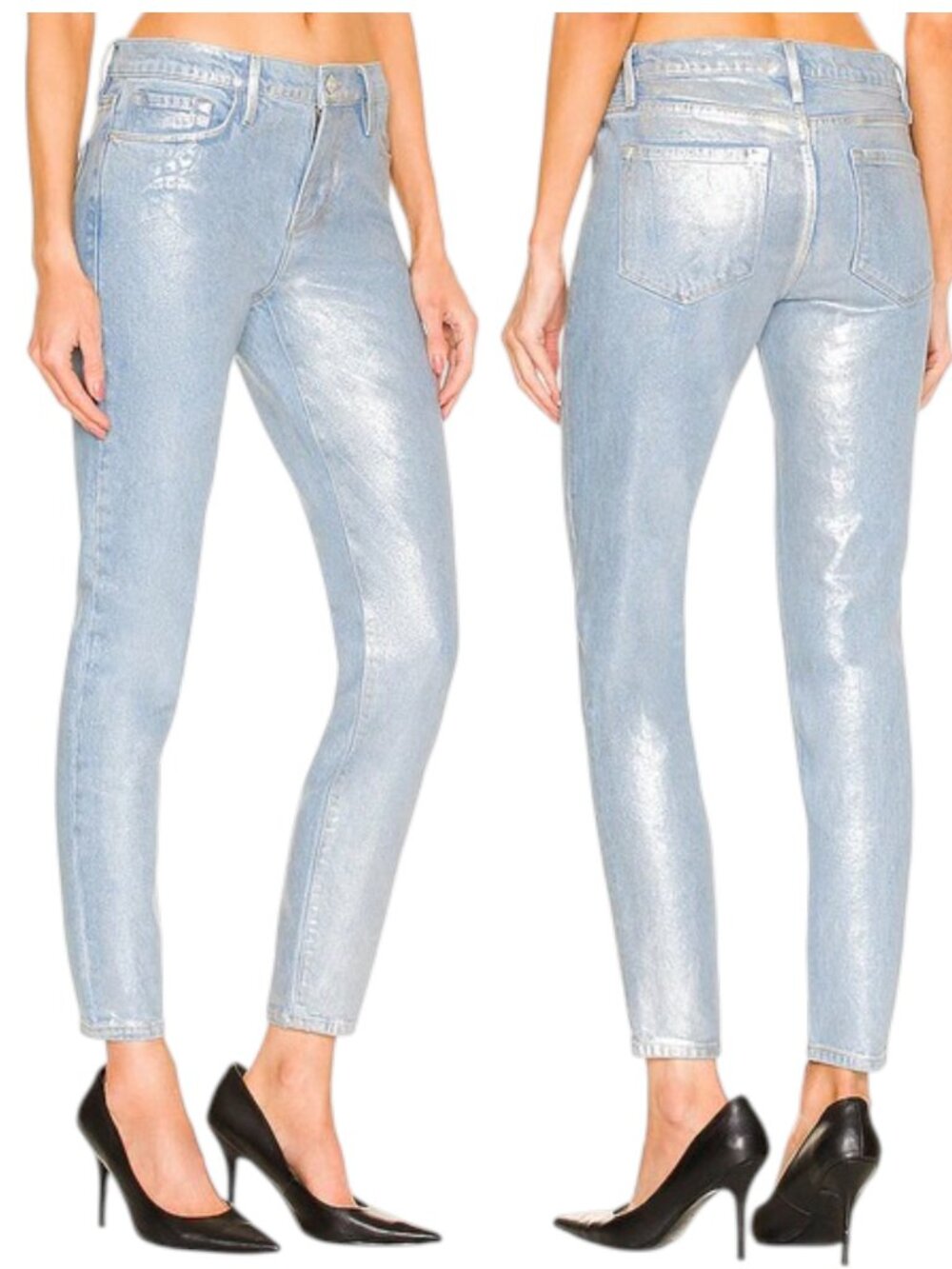 FRAME Le Skinny de Jeanne Metallic Chrome Coated Jeans Silver Skinny Size 24 - Picture 3 of 15